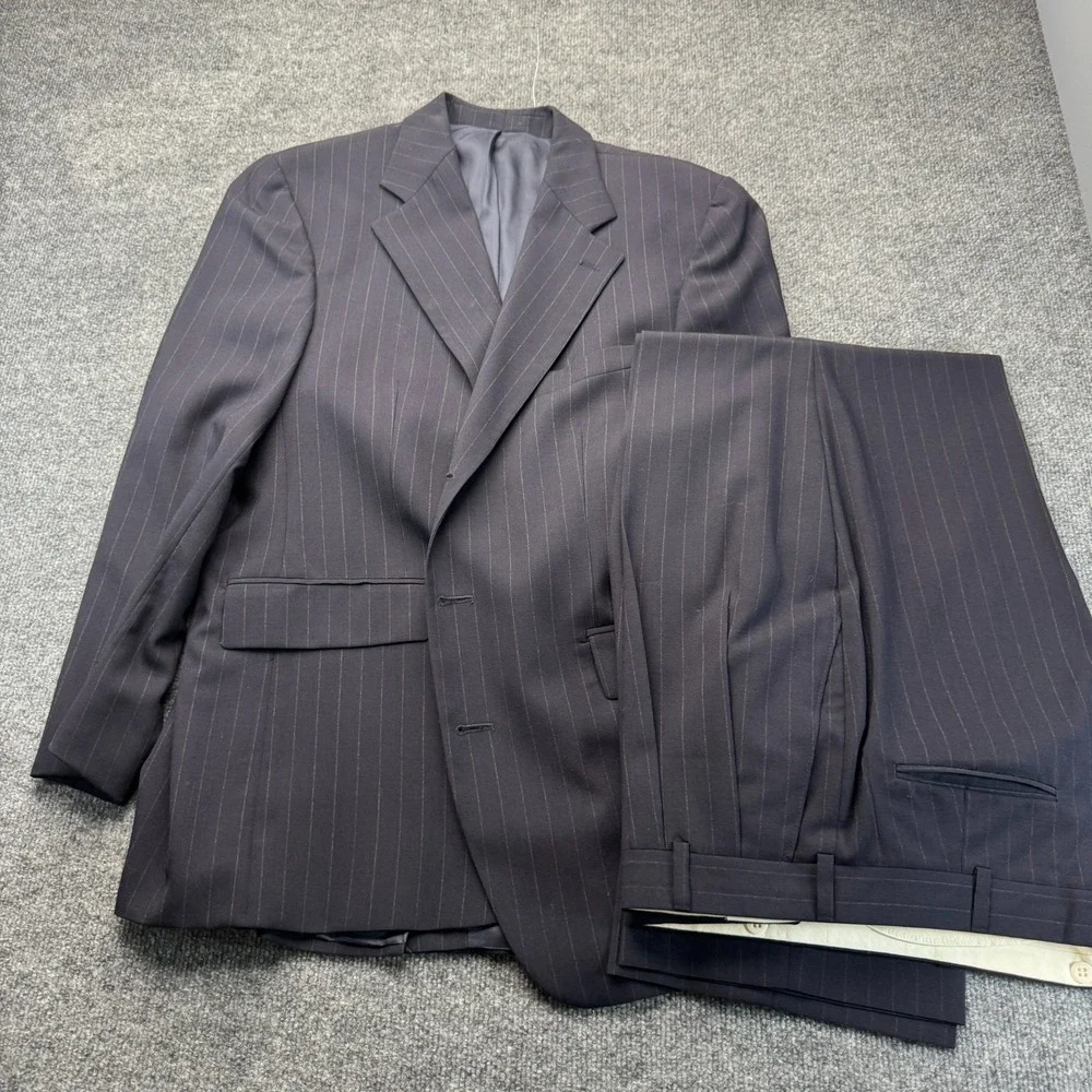 Unbranded Mens Suit 42R 38x31 Navy Pinstripe 3 Button Pleated Trousers Career